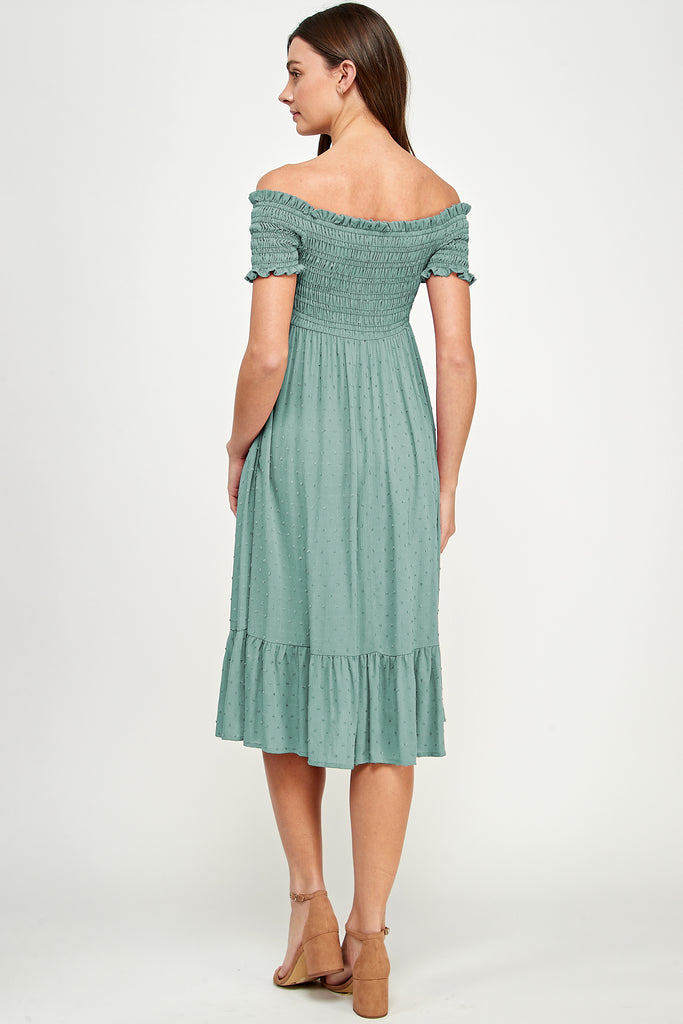 Sage Smocked Off Shoulder Maternity Midi Dress