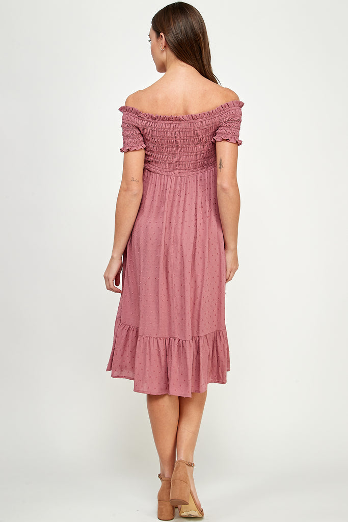 Mauve Smocked Off Shoulder Maternity Midi Dress