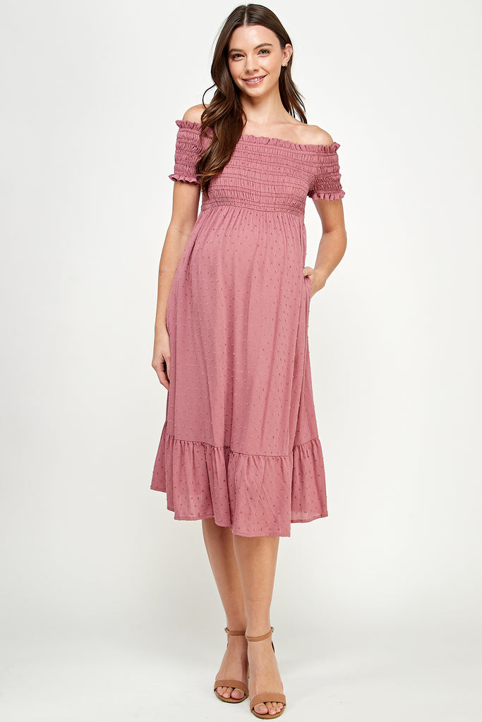 Mauve Smocked Off Shoulder Maternity Midi Dress