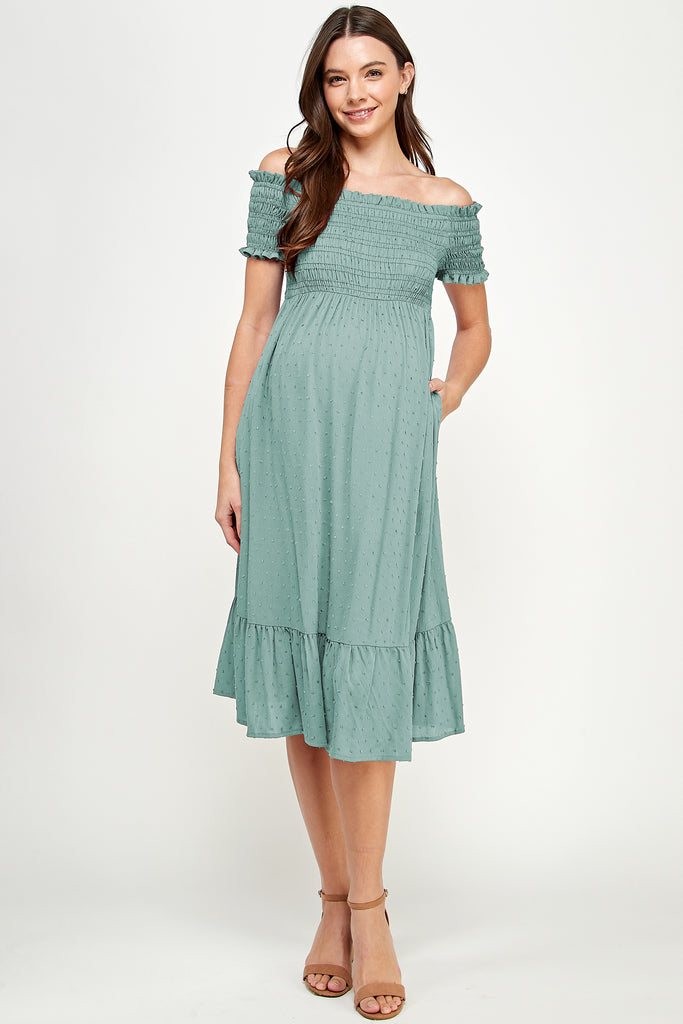 Sage Smocked Off Shoulder Maternity Midi Dress