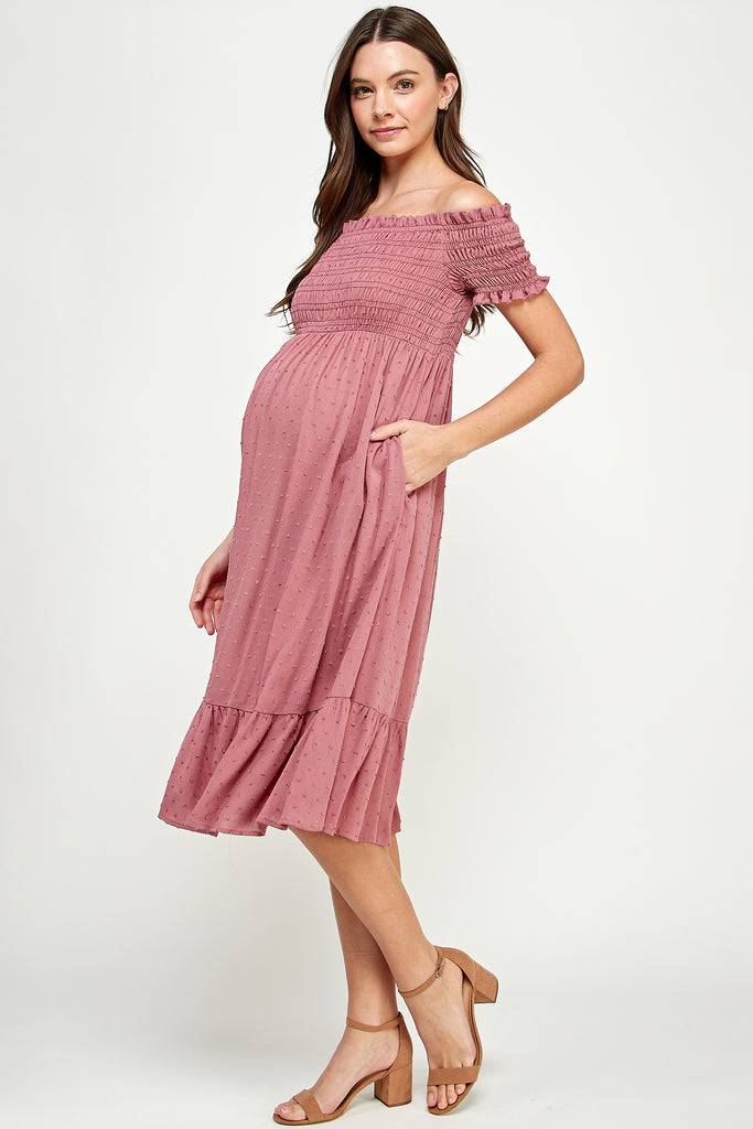 Mauve Smocked Off Shoulder Maternity Midi Dress