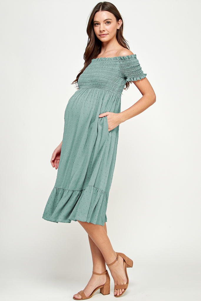 Sage Smocked Off Shoulder Maternity Midi Dress