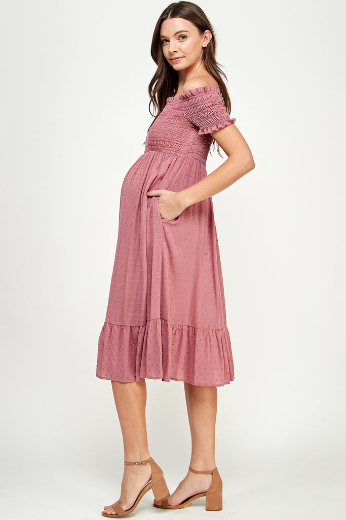 Mauve Smocked Off Shoulder Maternity Midi Dress