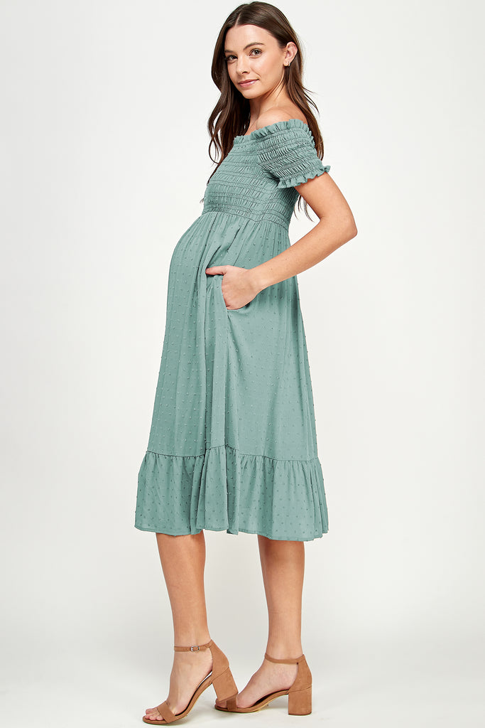 Sage Smocked Off Shoulder Maternity Midi Dress