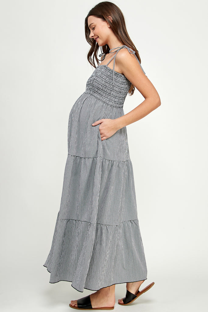 Black Smocking Top with Adjustable Tie Strap Maternity Dress