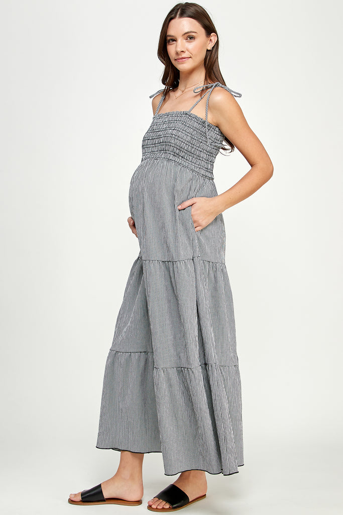 Black Smocking Top with Adjustable Tie Strap Maternity Dress