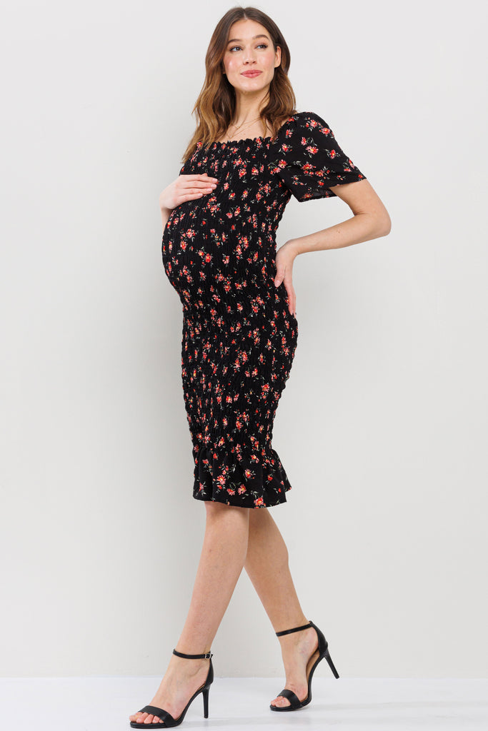 Black Smocked Square Neck Bodycon Midi Maternity Dress