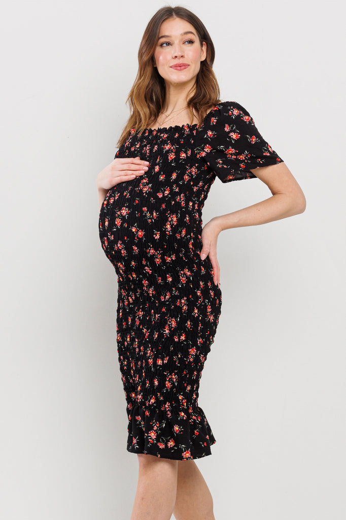 Black Smocked Square Neck Bodycon Midi Maternity Dress