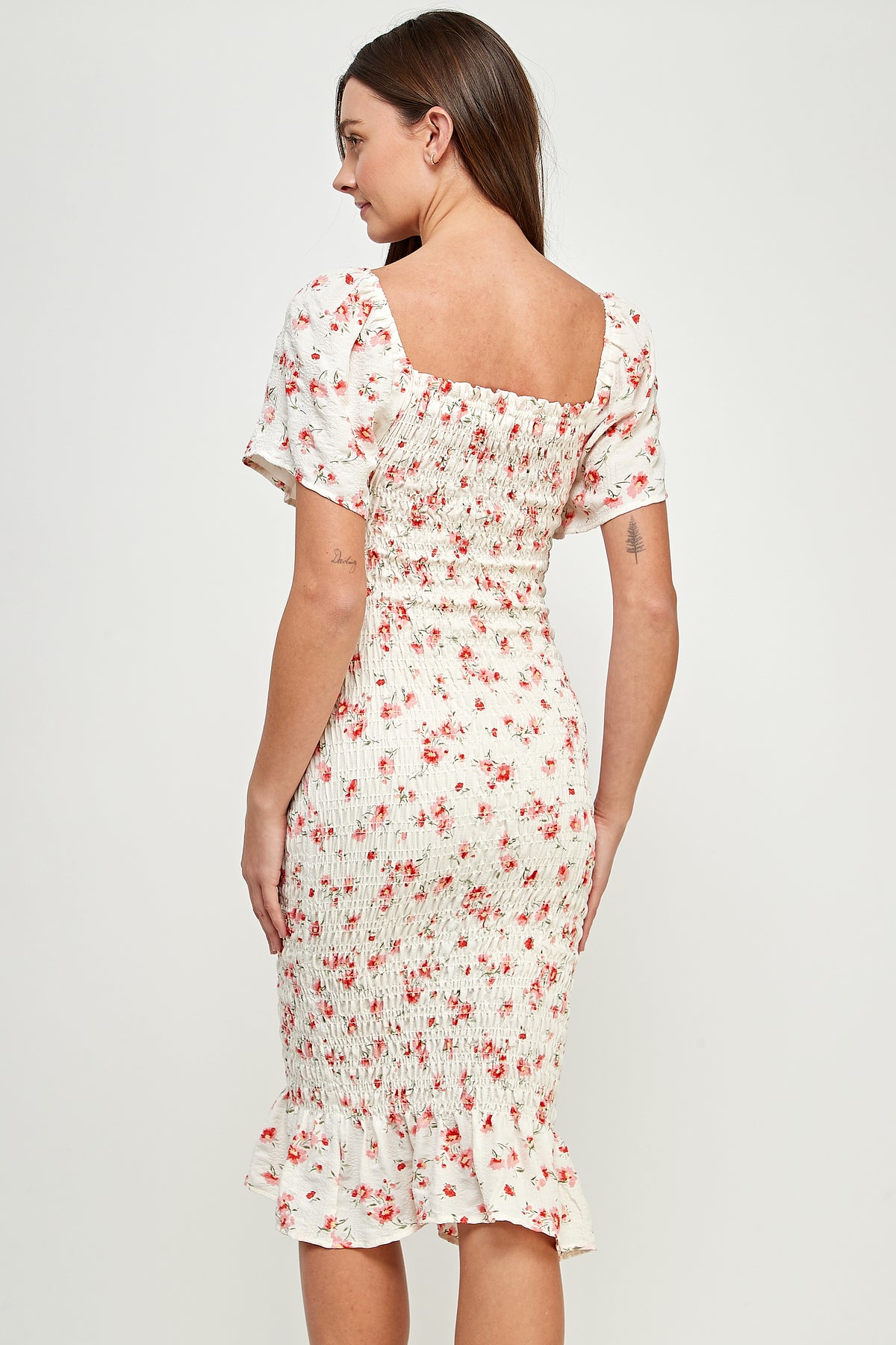 Ivory Smocked Square Neck Bodycon Midi Maternity Dress