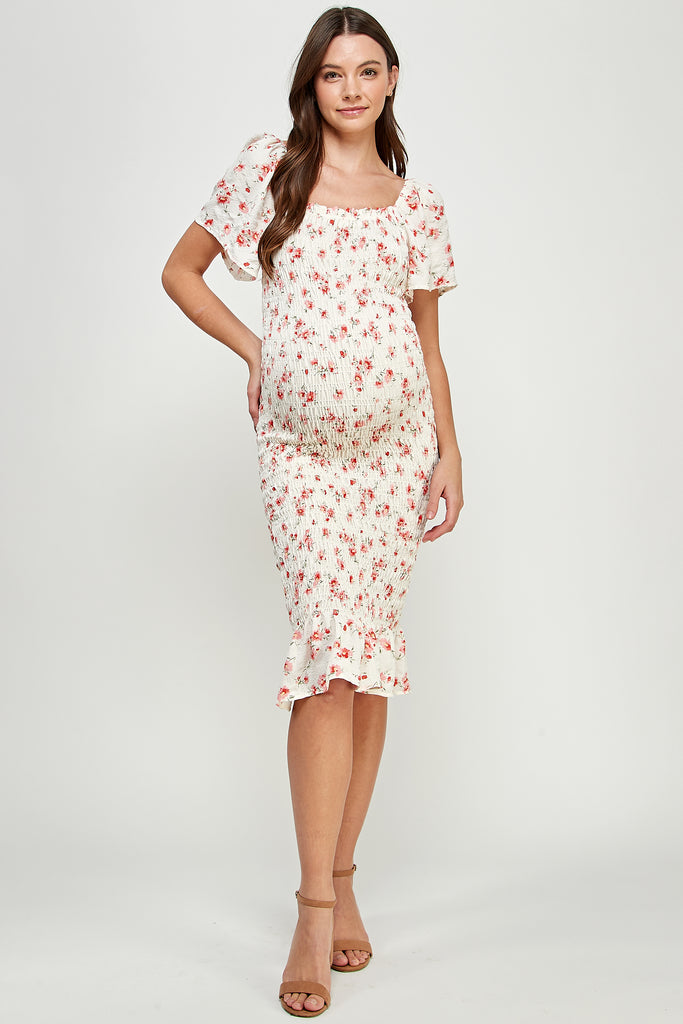 Ivory Smocked Square Neck Bodycon Midi Maternity Dress