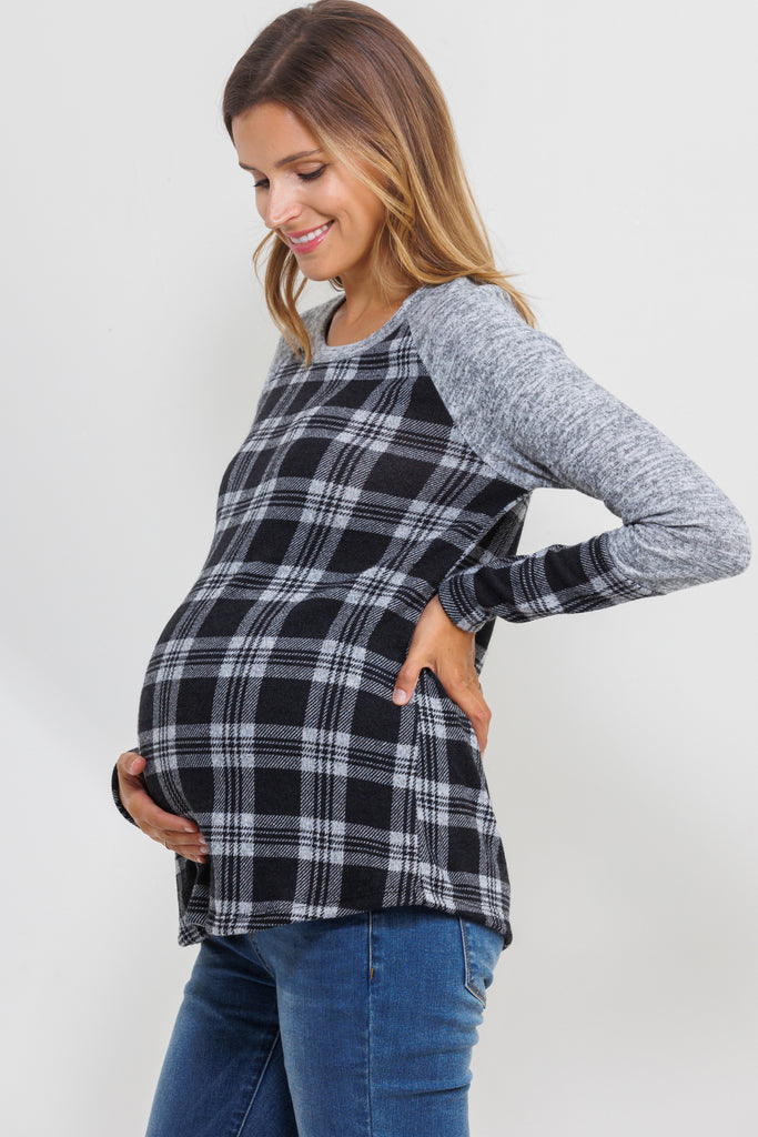 Black/Grey Plaid Long Sleeve Raglan Maternity Top