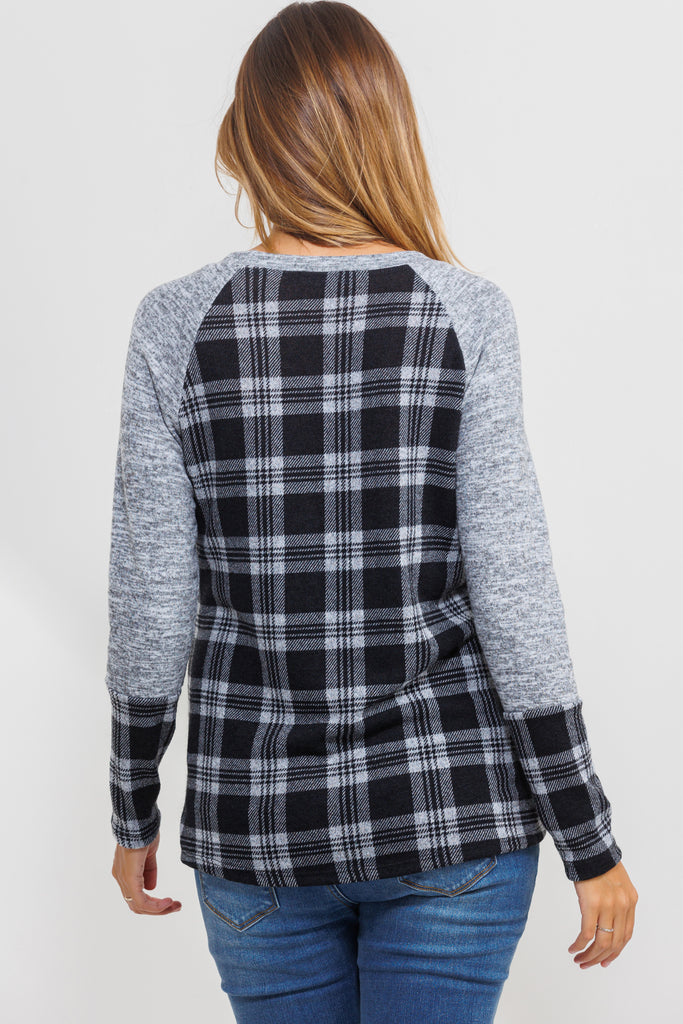 Black/Grey Plaid Long Sleeve Raglan Maternity Top