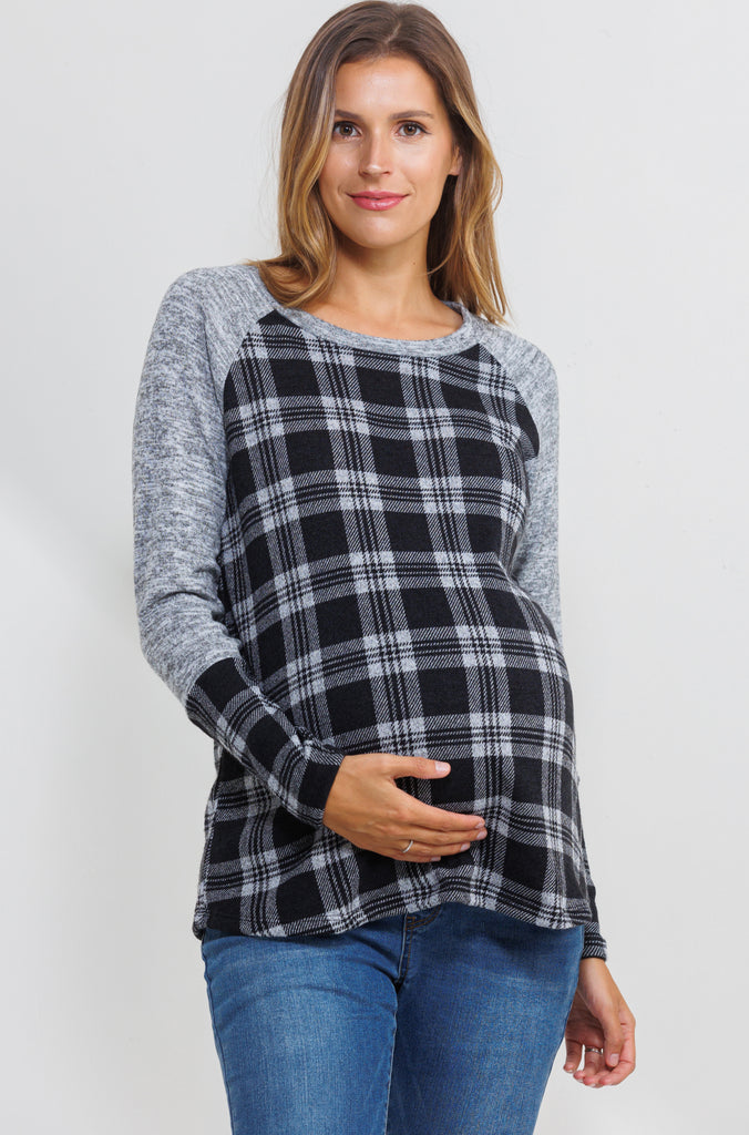 Black/Grey Plaid Long Sleeve Raglan Maternity Top