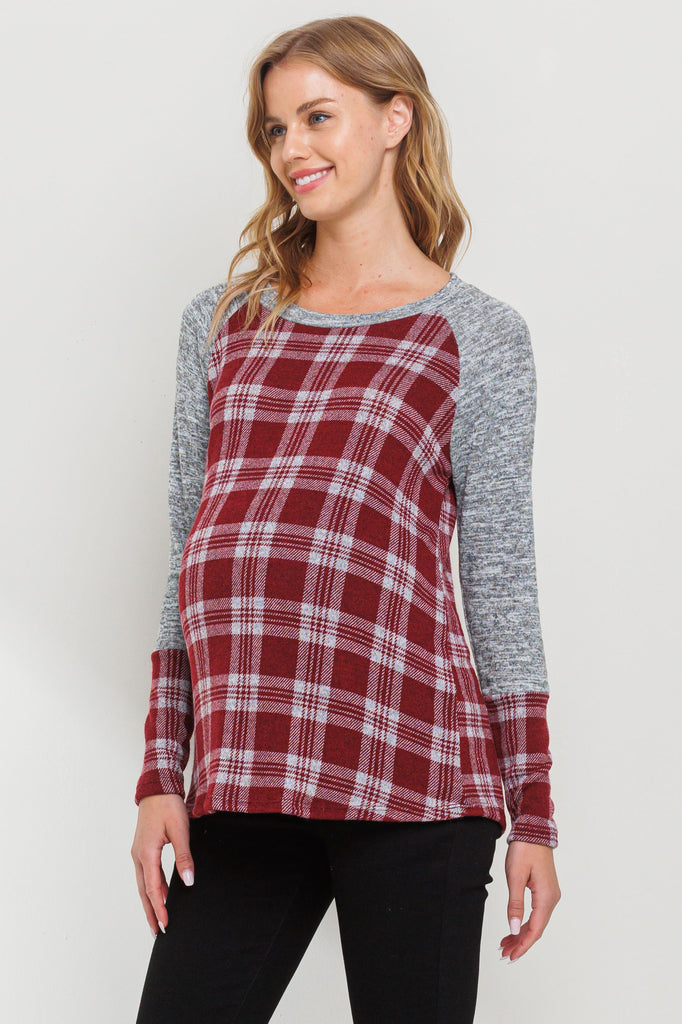 Burgundy/Grey Plaid Long Sleeve Raglan Maternity Top