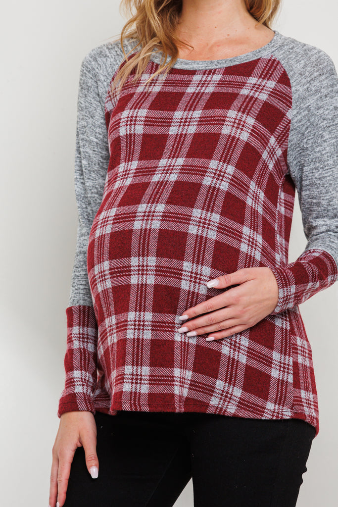 Burgundy/Grey Plaid Long Sleeve Raglan Maternity Top