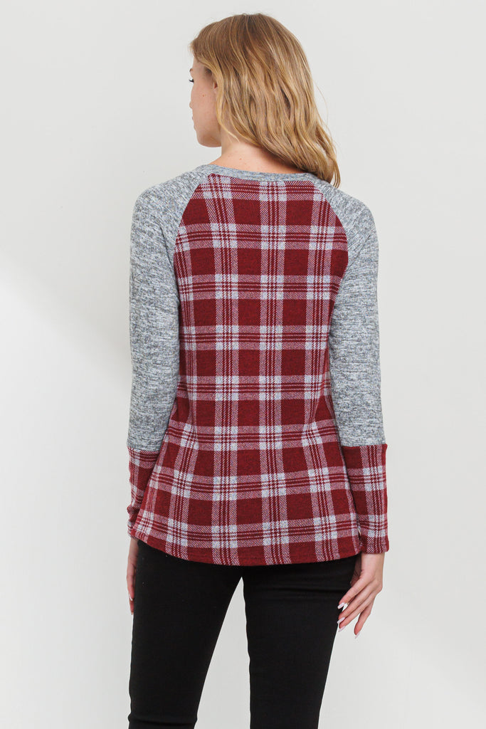 Burgundy/Grey Plaid Long Sleeve Raglan Maternity Top