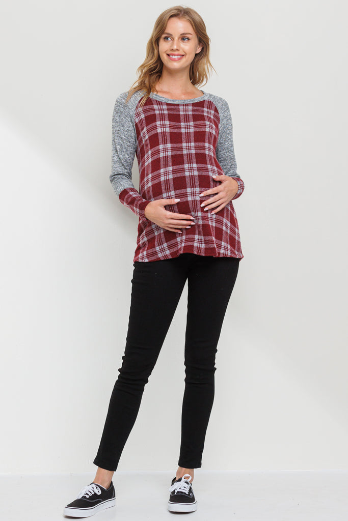 Burgundy/Grey Plaid Long Sleeve Raglan Maternity Top