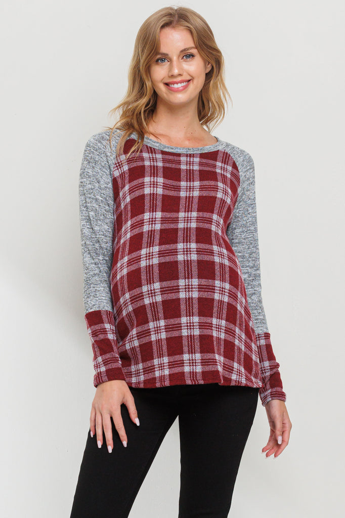 Burgundy/Grey Plaid Long Sleeve Raglan Maternity Top