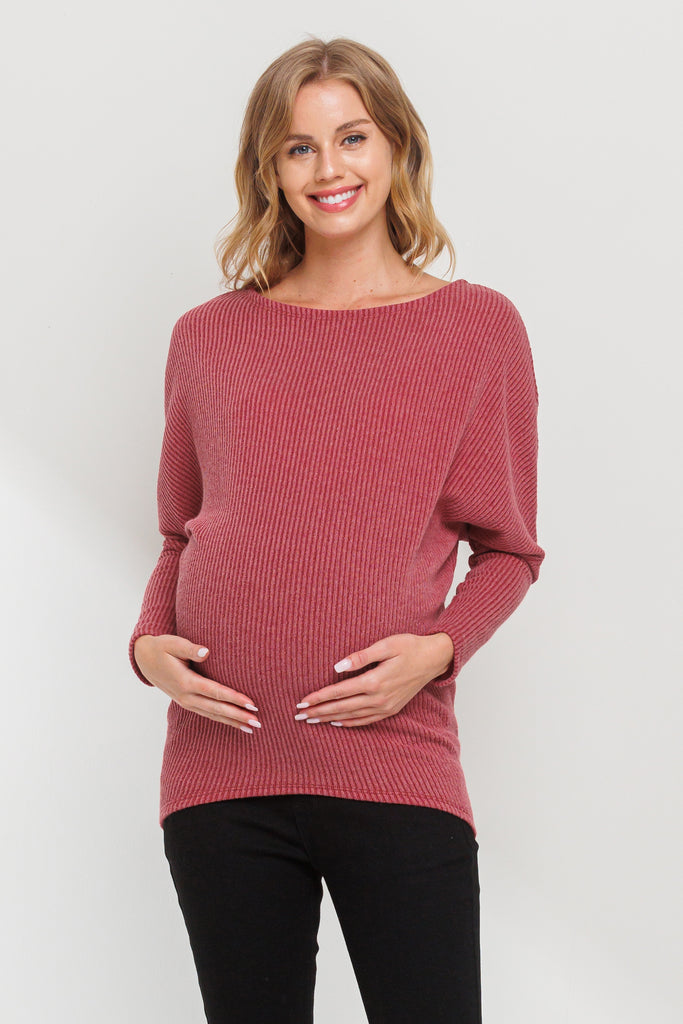 Red Rib Knit Boat Neck Dropped Shoulder Long Sleeve Maternity Top