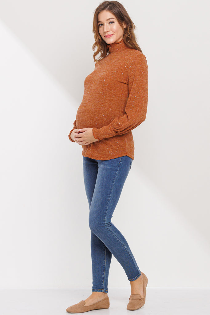 Rust Turtle Neck Long Sleeve Sequin Maternity Top