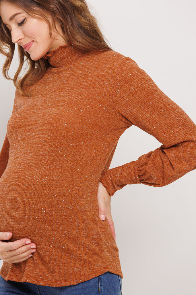 Rust Turtle Neck Long Sleeve Sequin Maternity Top