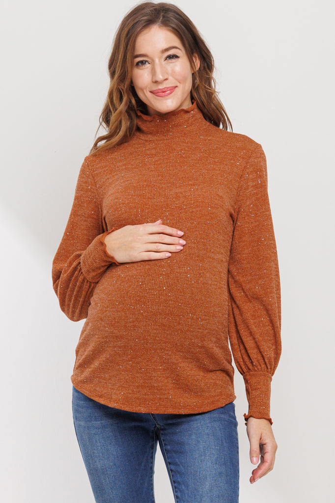 Rust Turtle Neck Long Sleeve Sequin Maternity Top