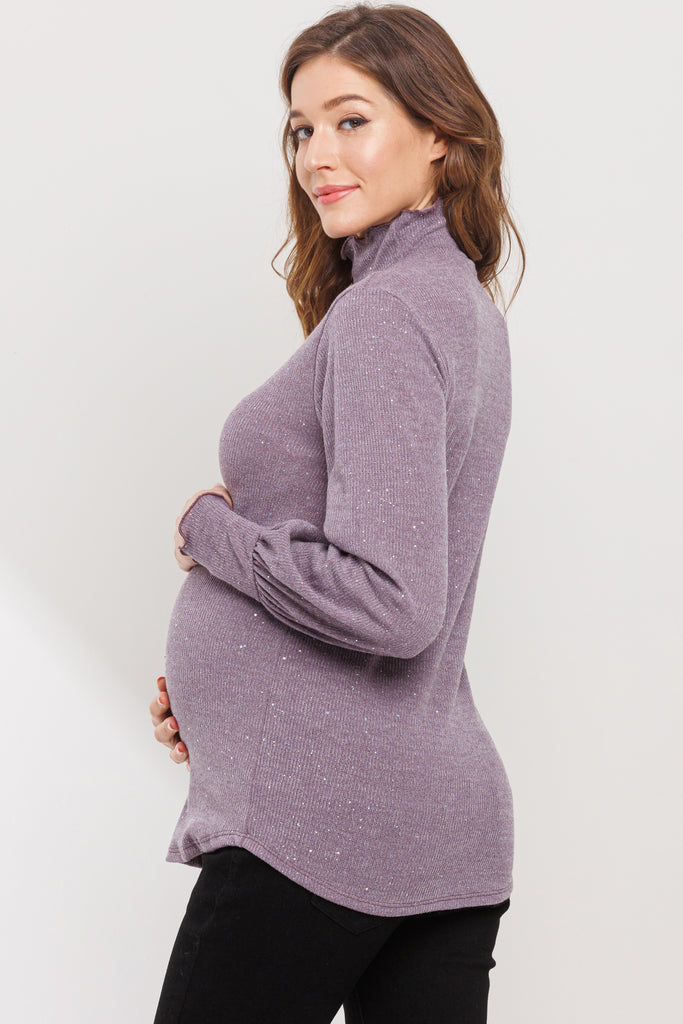 Purple Turtle Neck Long Sleeve Sequin Maternity Top