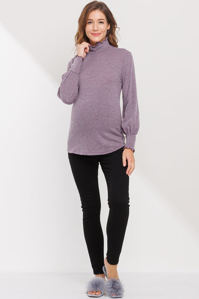 Purple Turtle Neck Long Sleeve Sequin Maternity Top