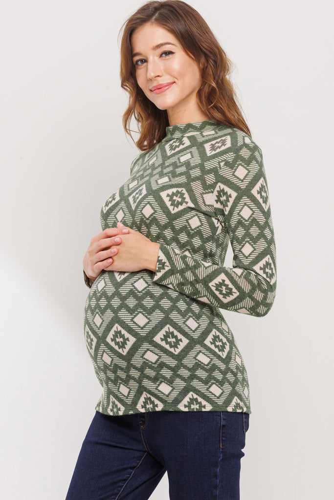 Sage Mock Neck Print Long Sleeve Maternity Top