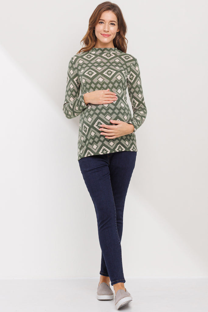 Sage Mock Neck Print Long Sleeve Maternity Top