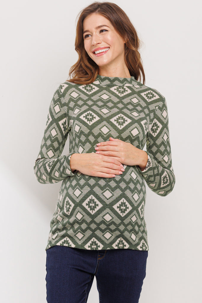 Sage Mock Neck Print Long Sleeve Maternity Top