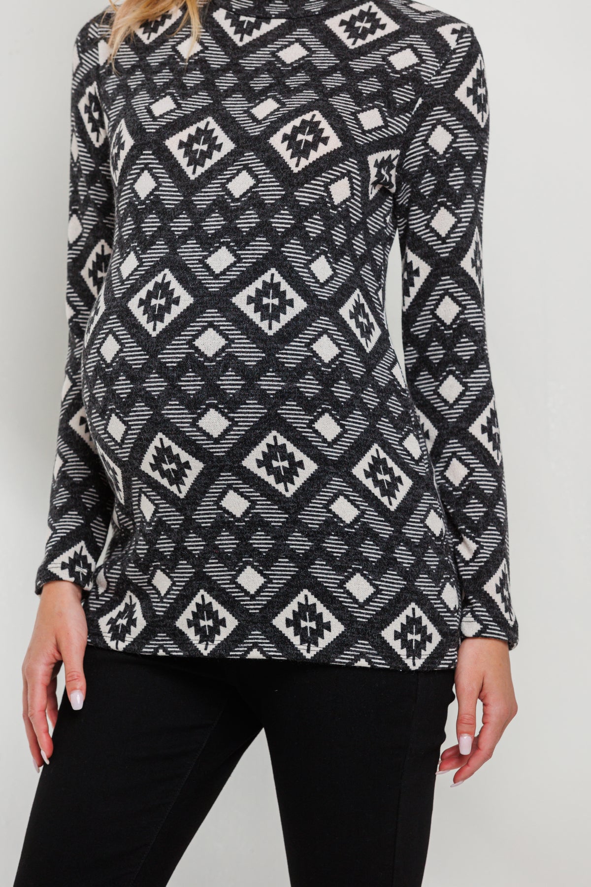 Black Mock Neck Print Long Sleeve Maternity Top