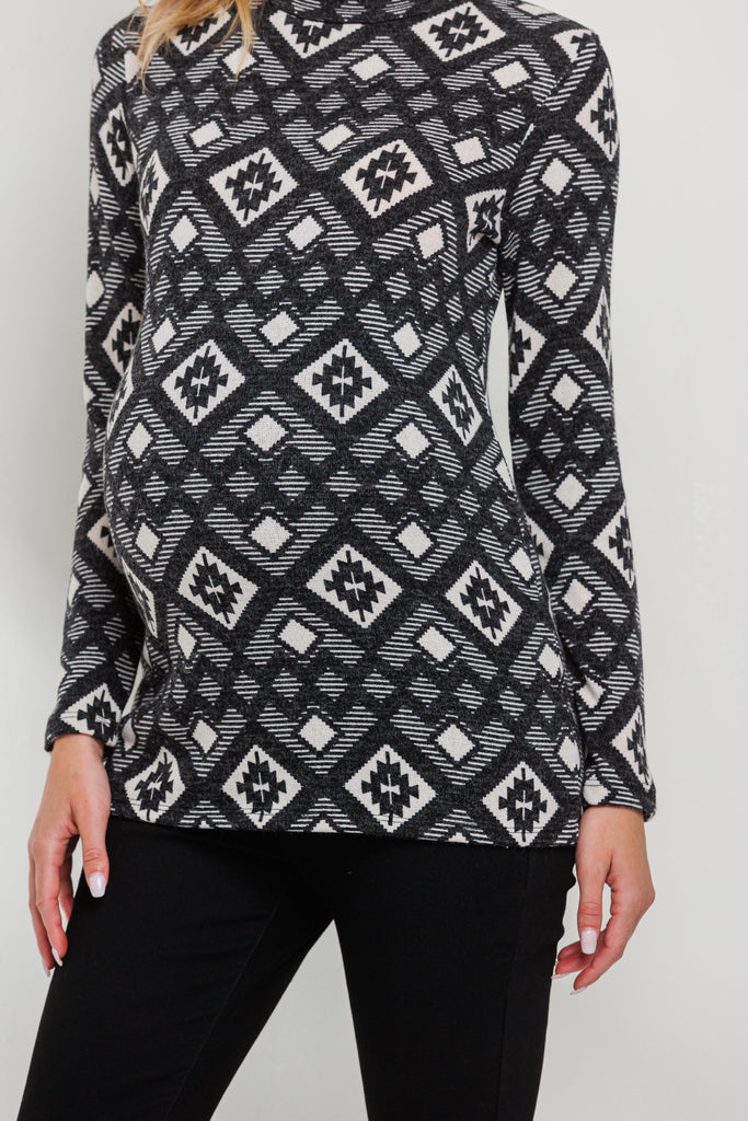 Black Mock Neck Print Long Sleeve Maternity Top