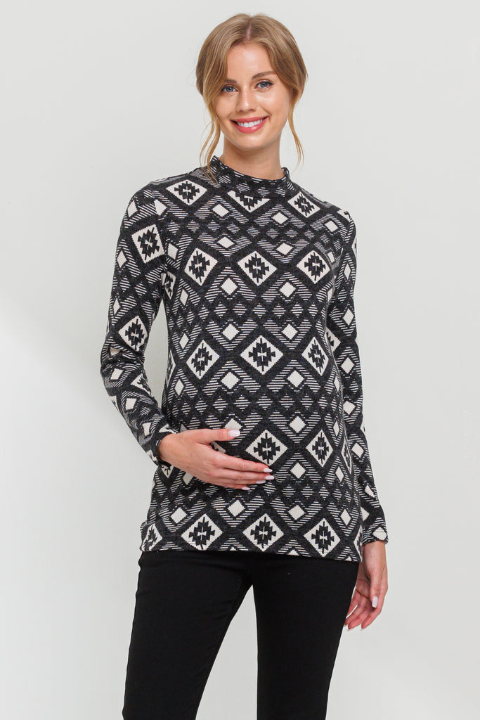 Black Mock Neck Print Long Sleeve Maternity Top