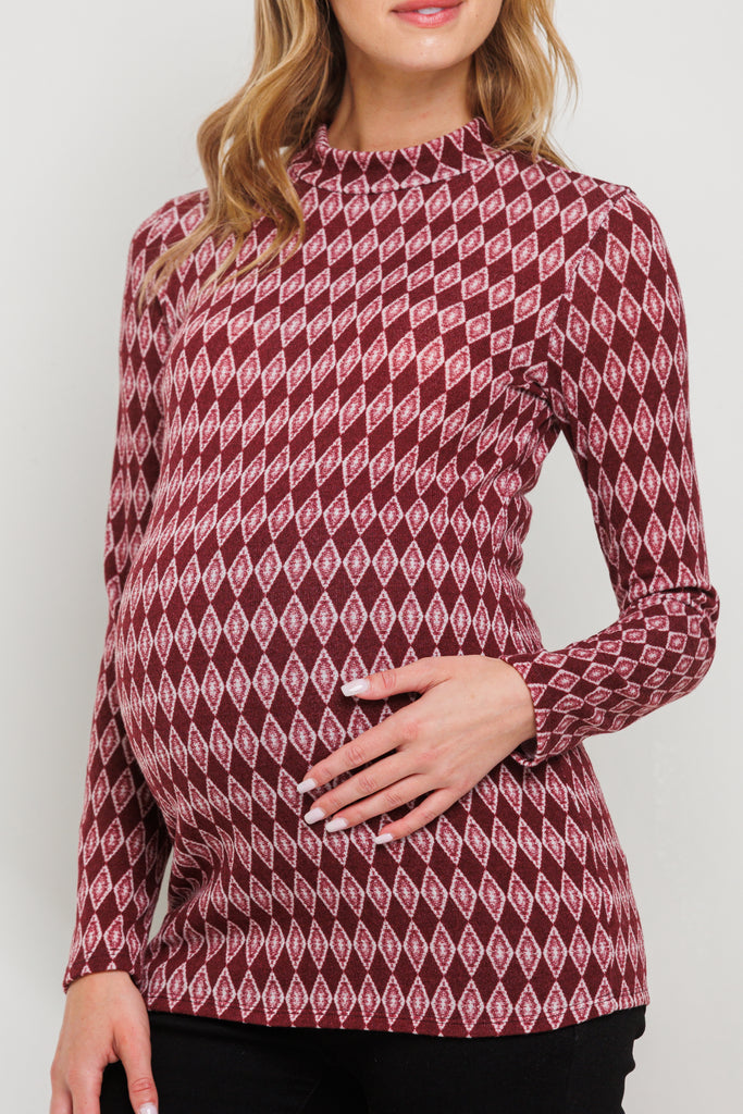 Burgundy Mock Neck Diamond Print Maternity Top