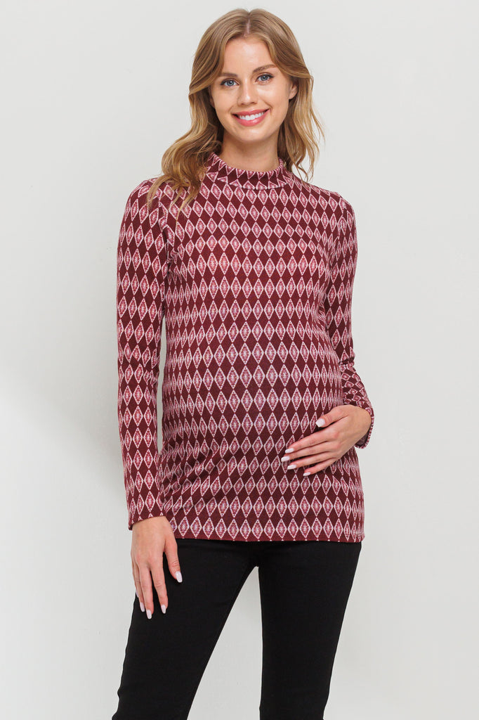 Burgundy Mock Neck Diamond Print Maternity Top