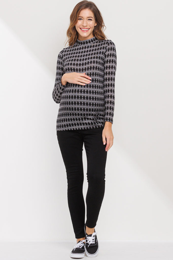 Black Mock Neck Diamond Print Maternity Top