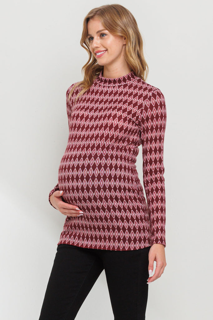 Burgundy Mock Neck Diamond Print Maternity Top