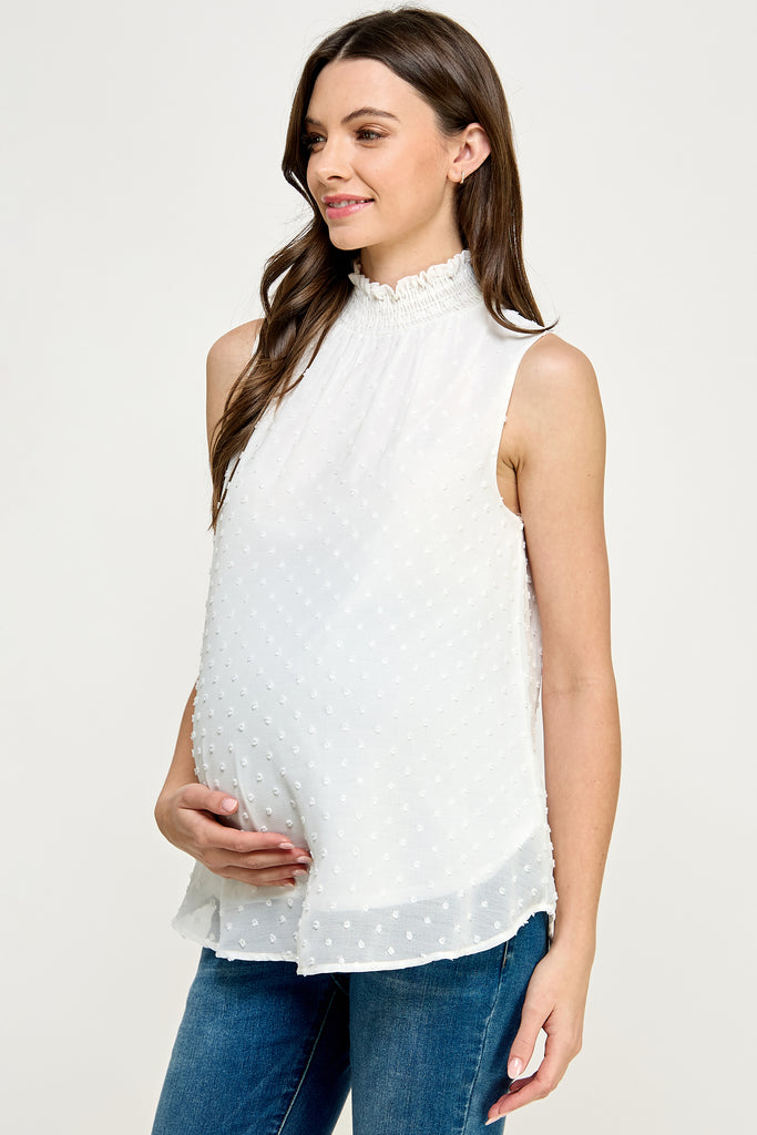 Off White Double Layer Smocked Neck Textured Maternity Blouse