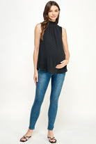 Black Double Layer Smocked Neck Textured Maternity Blouse