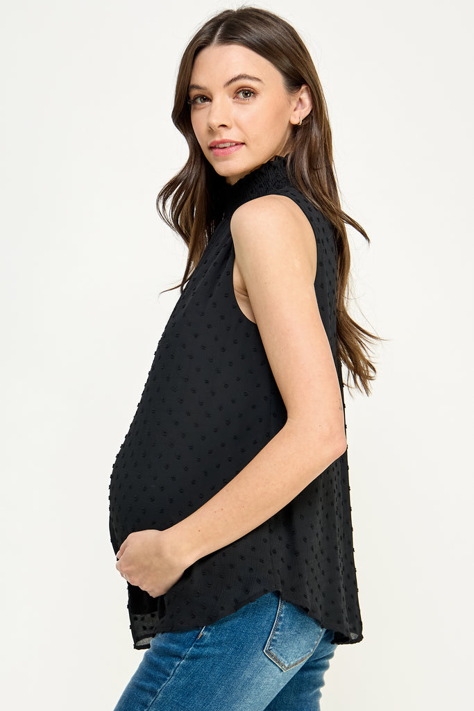 Black Double Layer Smocked Neck Textured Maternity Blouse