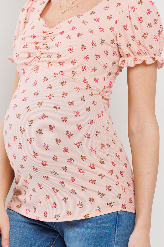 Blush Floral Sweetheart Puff Sleeve Maternity Top