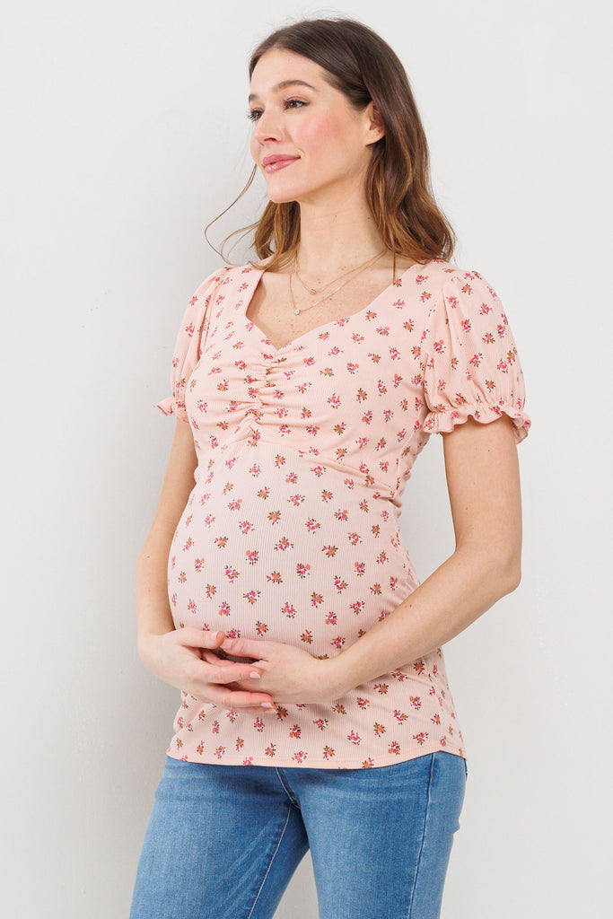 Blush Floral Sweetheart Puff Sleeve Maternity Top