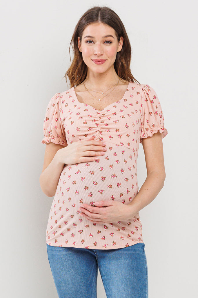 Blush Floral Sweetheart Puff Sleeve Maternity Top