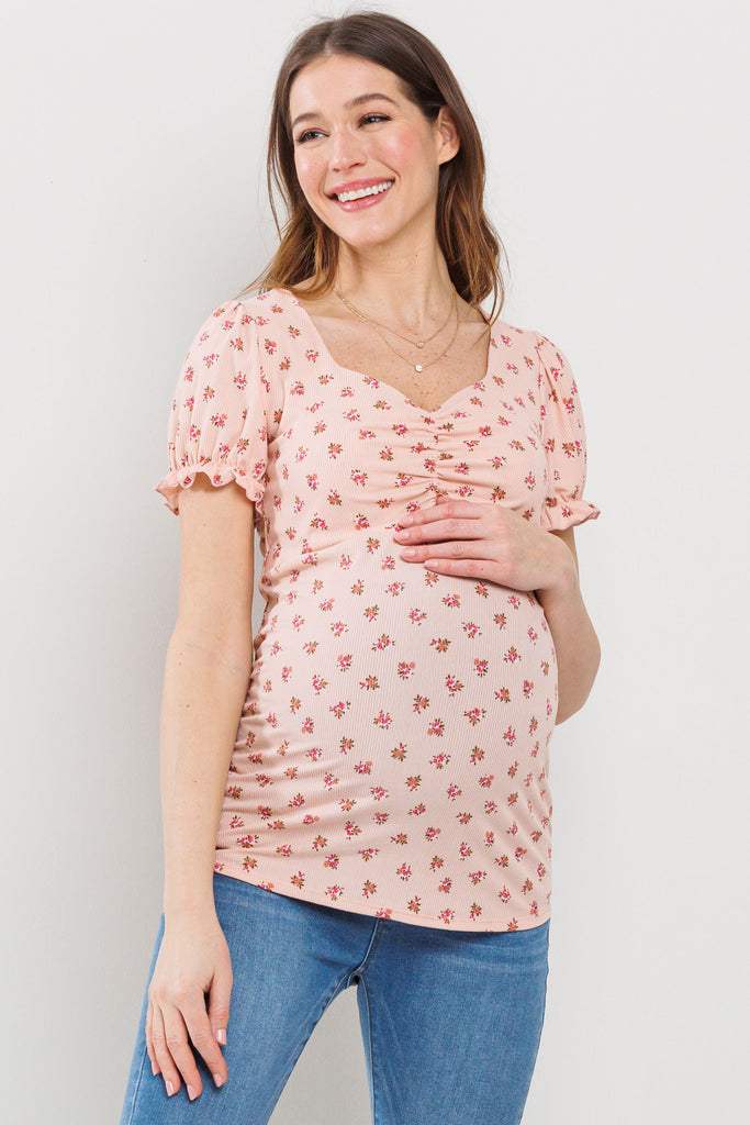 Blush Floral Sweetheart Puff Sleeve Maternity Top