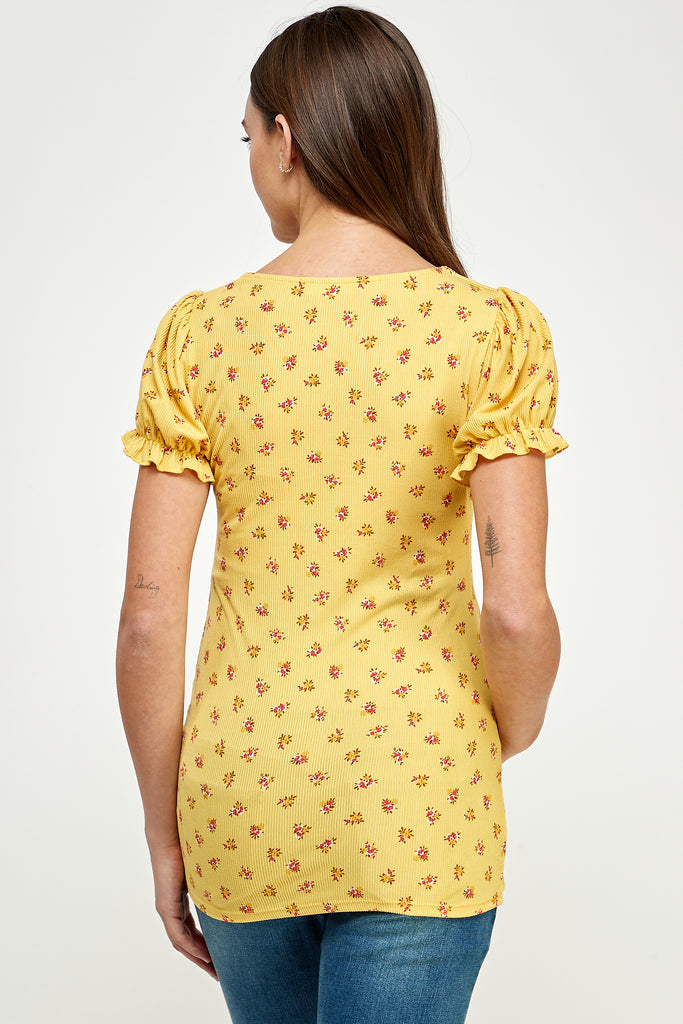 Yellow Floral Sweetheart Puff Sleeve Maternity Top