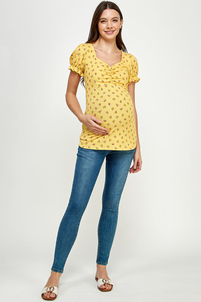 Yellow Floral Sweetheart Puff Sleeve Maternity Top