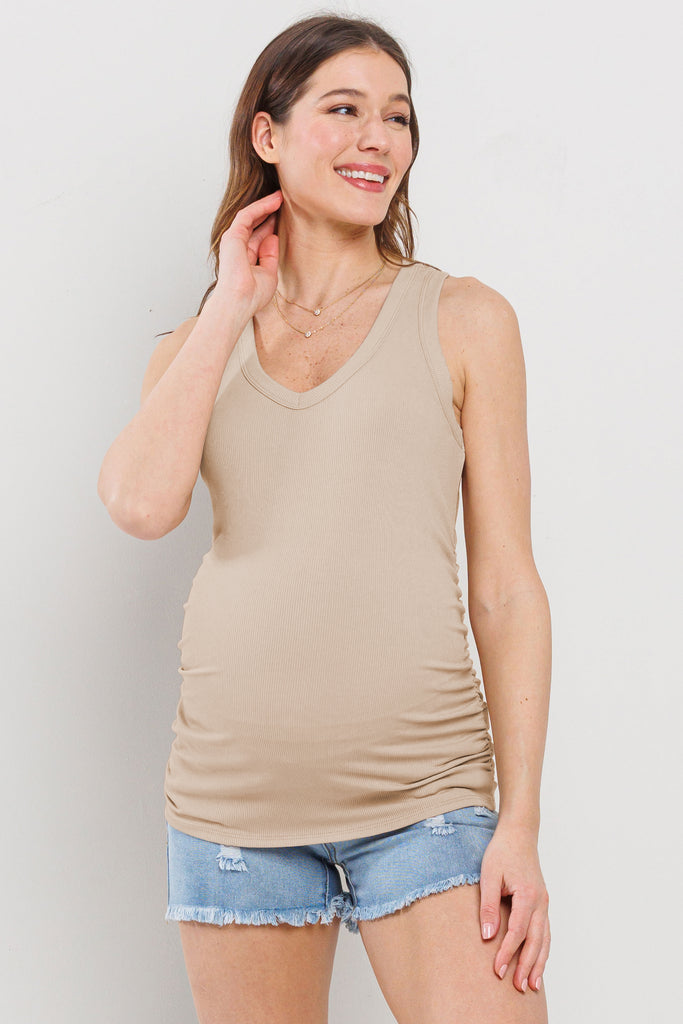 Taupe Basic Maternity Tank Top with Side Ruching Front