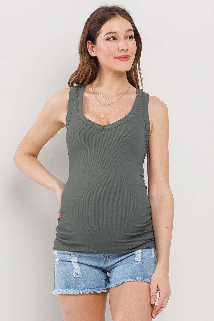Olive Basic Maternity Tank Top with Side Ruching Front
