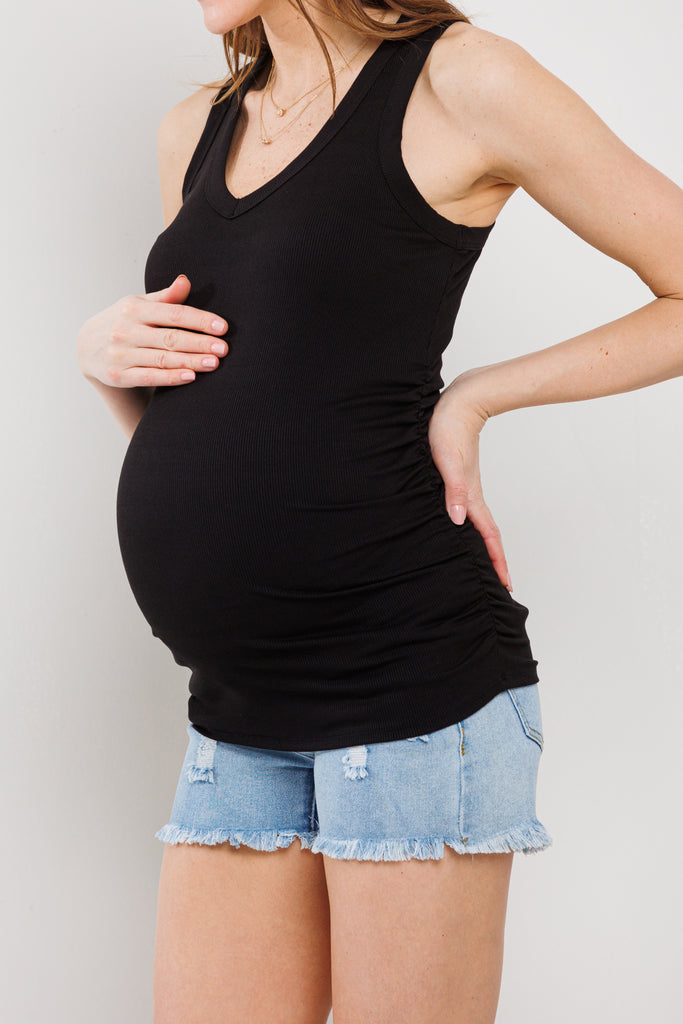 Black Basic Maternity Tank Top with Side Ruching Close Up